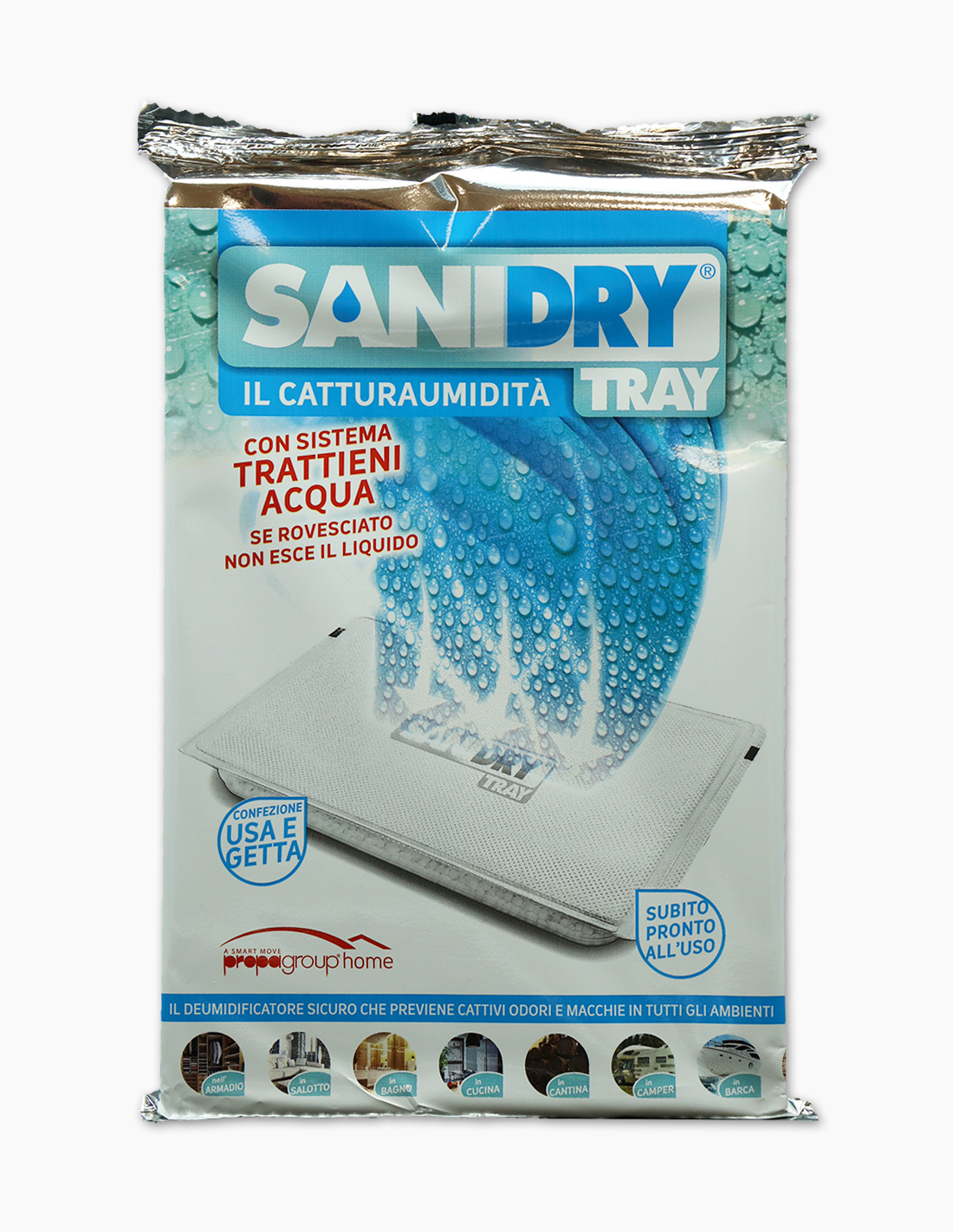 Moisture absorbing packets. Home moisture desiccant. Sanidry. Desiccant tray.  Sercalia