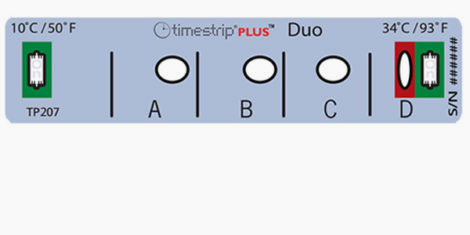 Temperature indicators.  Timestrip Plus DUO. Two different ranges (10ºC and 34ºC)..Sercalia